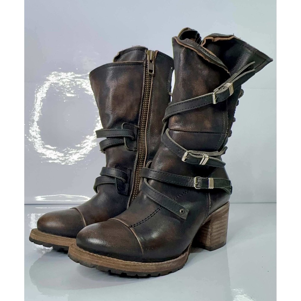 FREEBIRD by Steven Cora Boots Womens 8 Brown Leather Buckle Moto Harness